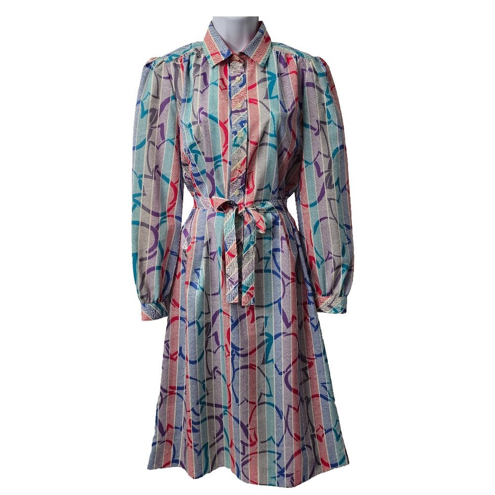 Vintage Tulip Stripe Secretary Dress 10 Fit Flare Polyester Belted 80s USA Union
